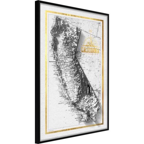 Affiche Murale Encadrée "Raised Relief Map California" 30 x 42 cm Noir
