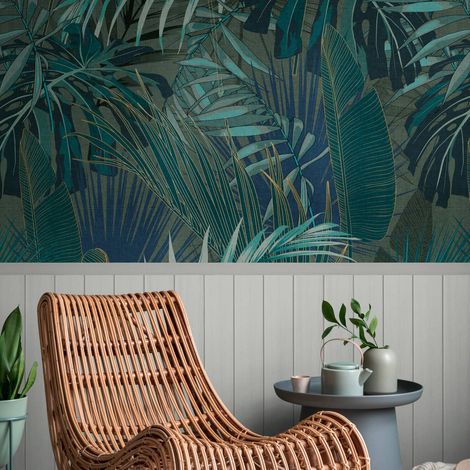 Photo wallpaper wall Profhome 398121 hot embossed non-woven wallpaper slightly textured with jungle elements matt green teal grey blue 1,59 m x 2,8 m