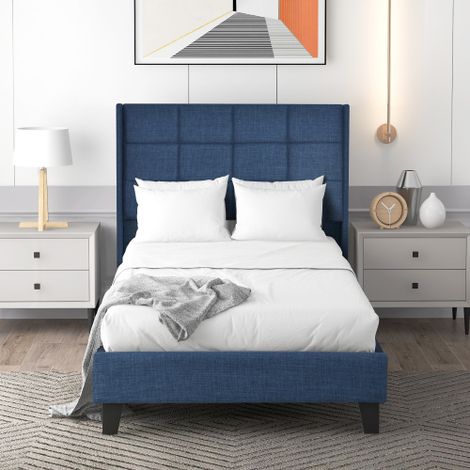 Polsterbett Mit seinem gepolstertes Kopfteil Einzelbett mit Lattenrost, in Blau Leinen, mittelfest (Mit Federkernmatratze) (1/5)