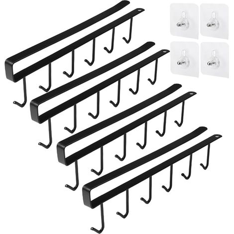 Hängende Becherhalter – 4er-Set – Schwarzes Metall – Haken zum Aufhängen (kein Bohren erforderlich) – Aufbewahrung für Küche und Bad – 27 cm (1/5)