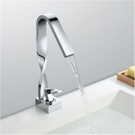 Mitigeur de lavabo cascade en laiton chromé, bec haut, robinet moderne pour vasque et lavabo, salle de bain design (1/4)
