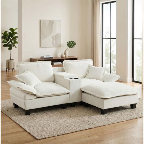 FloraGrace Canape modulaire Cloud beige 224 x 151 x 90 cm en chenille avec ottomane, rangement et USB (1/5)