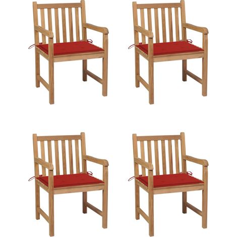 Chaises de jardin 4 pcs avec coussins rouge Bois de teck solide 4 (1/5)