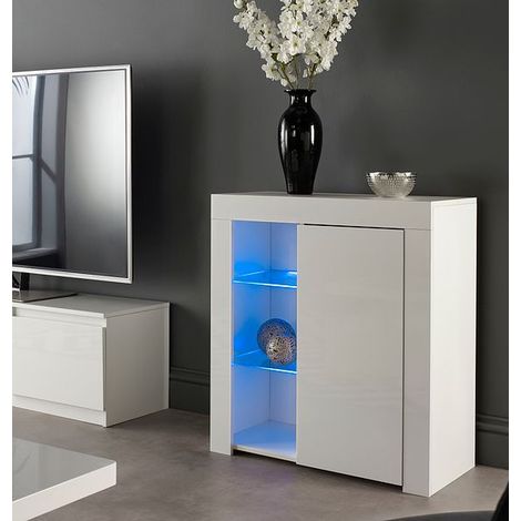 Modern White Matt Gloss Buffet Sideboard Cabinet with LED Lights and Glass Display Shelves Length- 75cm x Depth 35cm x Height 83cm