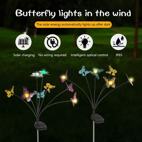 Ortviai Lampes solaires de jardin en forme de papillon – 2 pièces, 8 têtes, lumière chaude, étanches IP65, avec mouvement oscillant au vent (1/5)