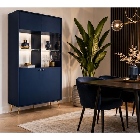 Argentier vitré moderne bleu et pied or EZIA (1/5)