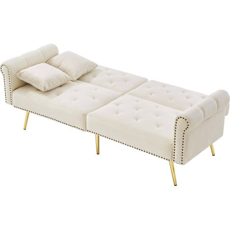 Divano letto 2 posti in velluto beige con schienale doppio regolabile a 3 posizioni, piedi in metallo dorato, 2 cuscini e letto 147x85 cm  CHICFURN (1/5)