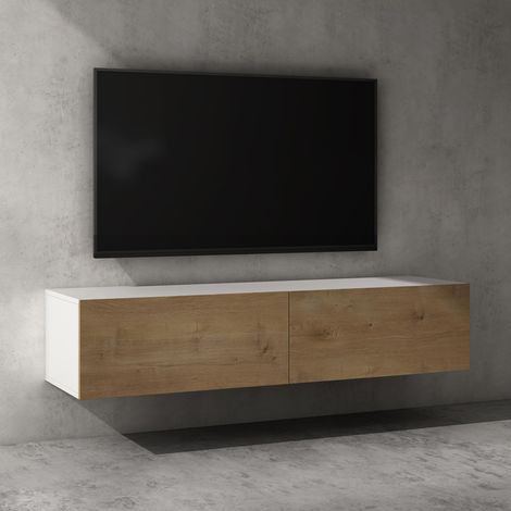 doporro Mobile Porta TV Sospeso 140 cm con 2 Ante Bianco Opaco e Marrone Chiaro, Credenza Bassa da Soggiorno Salotto, Madia Consolle Bicolore per TV Fernsehschrank02
