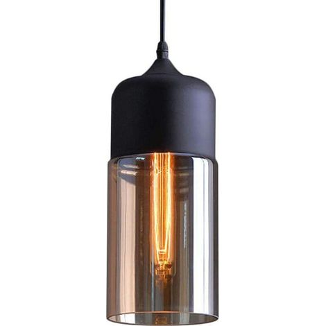 Lustre Suspension en Verre Ambré E27 Noir Plafonnier Luminaire Salle à Manger Chambre Hôtel Noir - 13cm Cylindrique (1/4)