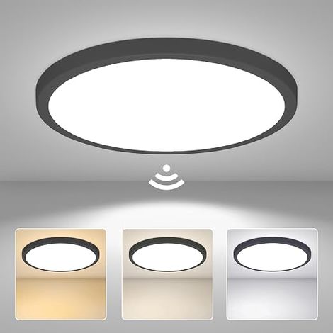 Ceiling Light LED Motion Detector, Round IP44 Indoor Motion Detector Lamp, Black Automatic Ceiling Light for Hallway, Cellar Loft, White