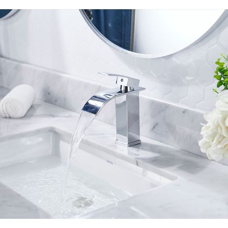 Robinet Lavabo - Bec Cascade 60 mm - Laiton et Acier Inoxydable - Mitigeur Unique pour Salle de Bain - 1 Pièce (1/4)