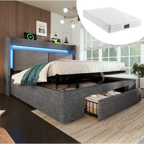 Lit coffre 140x200 LED USB-C avec matelas gris OKMYHOME (1/5)