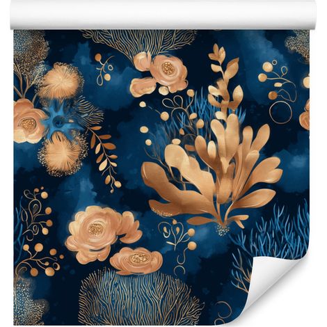 Papier peint bleu marine et orange pour salon et chambre 50x1000 cm (1/5)