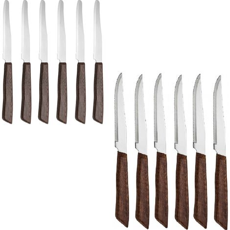 Set 12 Coltelli da Tavola Professionali Made in Italy 6 Bistecca e 6 Punta Arrotondata Acciaio Inox Effetto Legno Mogano 22 cm Ideali per Carne Pizza e Formaggi per uso quotidiano o professionale
