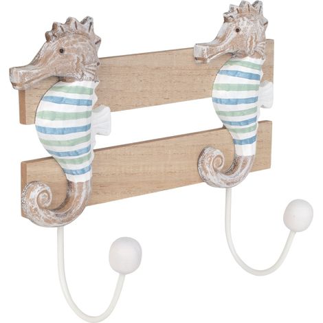 Appendiabiti a forma di cavalluccio marino con 2 pomelli in MDF per decorazioni nautiche