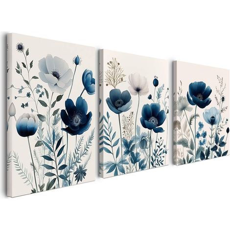 Lot de 3 tableaux muraux avec fleurs - 30 x 40 cm - Aquarelle bleue - Peinture botanique sur toile encadrée - Décoration pour salon chambre cuisine bureau avec crochets (1/5)