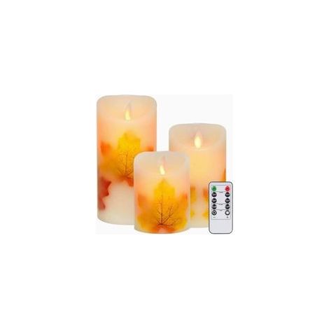 Lot de 3 bougies LED feuille d'érable, blanc chaud, sans flamme, alimenté par batterie, mèche clignotante, avec télécommande et minuterie, pour la décoration, mariage (feuille d'érable)