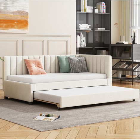 CHICFURN Sofá cama convertible 90x200 cm de terciopelo beige con cama nido, sin colchón (1/5)