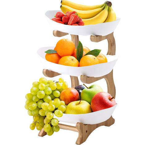 Corbeille à fruits 3 niveaux, plastique et support bambou, montage facile (3 étages) (1/5)