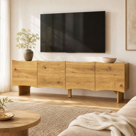 Meuble TV 155 cm en bois coloris naturel, 4 portes avec passe-câbles DESVIAE (1/5)