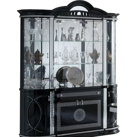 Vitrine 8 portes 1 tiroir bois vernis laqué brillant noir et gris Venus 163cm (1/4)