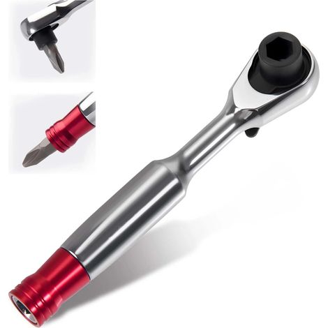 Mini-clé à cliquet réversible à double tête 1/4" — 72 dents, angle de reprise de 5°, poignée magnétique — Cliquet et tournevis à angle droit pour espaces restreints — Acier au chrome-vanadium (1/5)