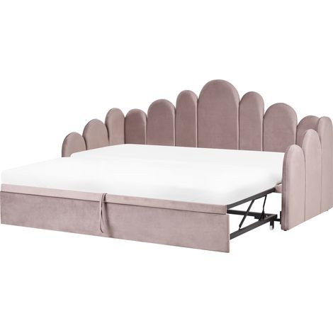 Cama nido tapizada de terciopelo 90/180 x 200 cm con somier de listones rosa pastel Polignac (1/5)