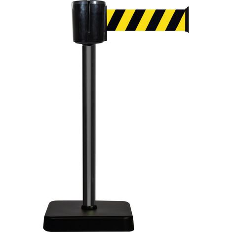 Poteau à sangle alu noir hachuré jaune/noir 10m x 100mm sur socle mobile - 2801089 (1/4)