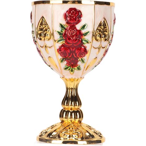 Calice en Alliage de Zinc Rétro 4 Pouces, Motif Fleuri Embossé Élégant pour Fête, Banquet et Bar, Couleur Or et Blanc avec Fleur Rouge (1/5)