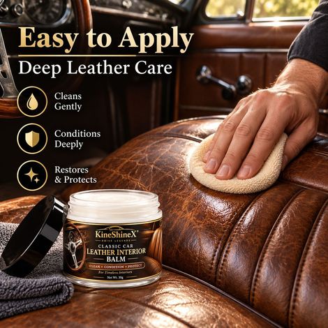 KineShineX Classic Car Leder-Innenraumpflegecreme nährt, pflegt, stellt den Glanz wieder her und beugt Rissen vor. (1/4)