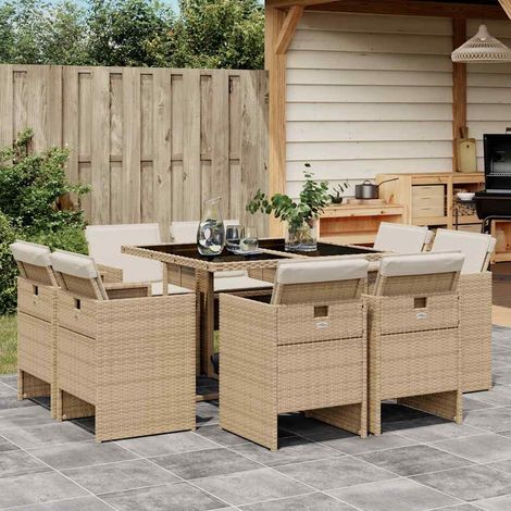 9-tlg. Garten-Essgruppe mit Kissen Beige Poly Rattan (1/5)