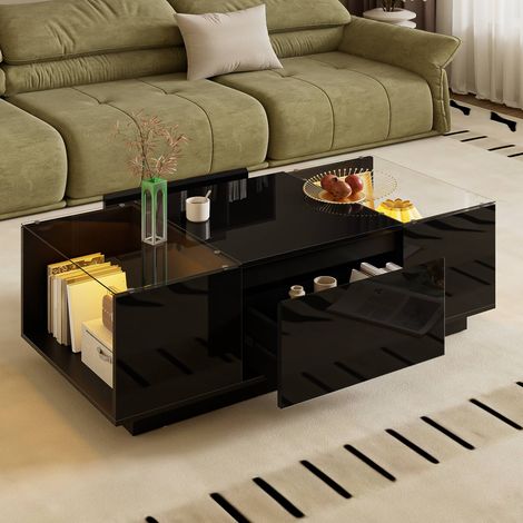 Table basse 105 cm moderne avec LED, plateau en verre et 2 tiroirs – design minimaliste avec rangement (1/5)