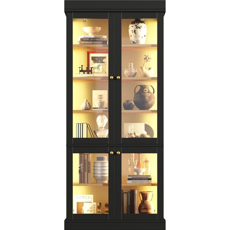 CHICFURN Armario alto con LED multicolor, vitrina de vidrio y baldas regulables, acabado negro en MDF y metal, con sistema antivuelco para salón, dormitorio o cocina (1/5)