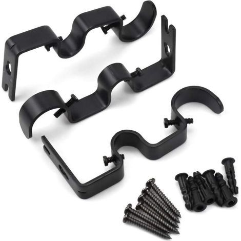 Supports de tringle à rideau double 3 pièces noir – charge max. 11,3 kg, fixation murale avec vis, pour chambre & salon (1/5)
