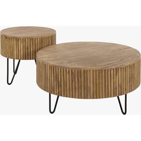 SAREN Lot de 2 tables en bois de manguier piètement en acier noir (1/5)
