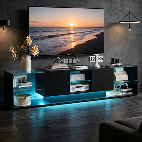 Meuble TV laqué brillant – Meuble de rangement suspendu – Éclairage LED – 2 tiroirs – Télécommande – Noir (1/5)
