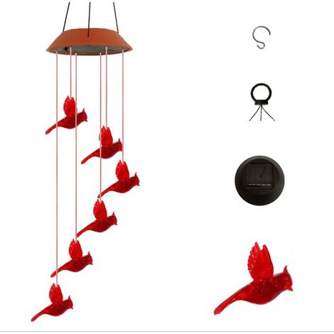 Carillon éolien solaire lumineux — Lampe suspendue « Oiseau rouge » — Éclairage décoratif d'extérieur (1/2)