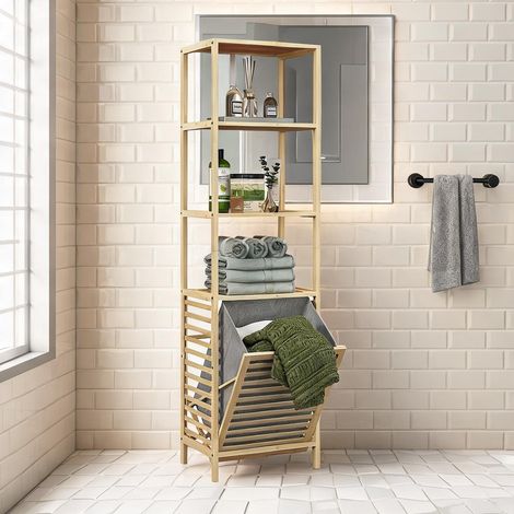 Meuble colonne bambou 3 étagères avec panier à linge salle de (1/5)