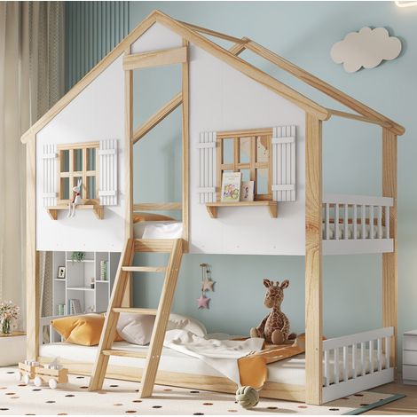 Letto a castello per bambini stile casetta 90x200 cm, legno massello e MDF bianco+naturale, con tetto, finestre, scala inclinata e rete a doghe (1/5)