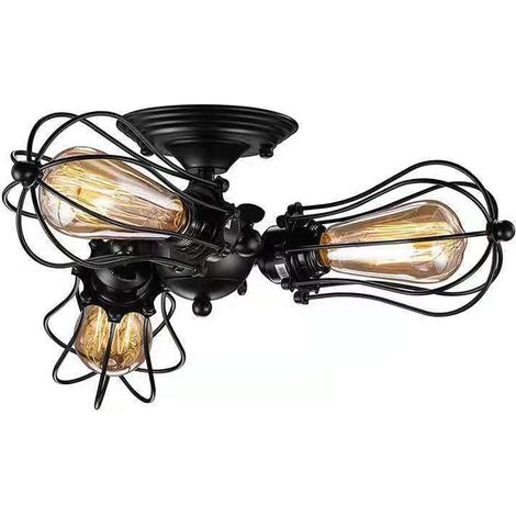 Industrial 3-Light Wire Cage Semi Flush Mount Ceiling Light, Vintage Matte Black Farmhouse Ceiling Fixture (1/5)