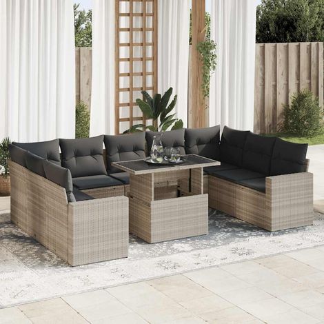 Set sofás jardín 10 pzas con cojines ratán sintético gris claro vidaXL (1/5)