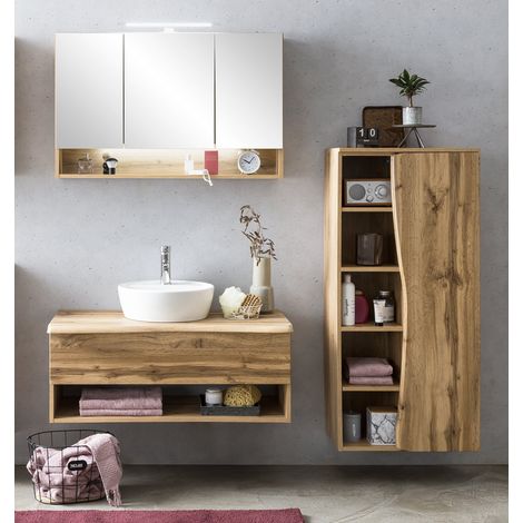Badezimmermöbel Set in Wotan Eiche Nb. mit Baumkantenoptik KAHLA-03 Aufsatzwaschbecken und LED Spiegelschrank, B/H/T: ca. 181/200/52 cm (1/5)