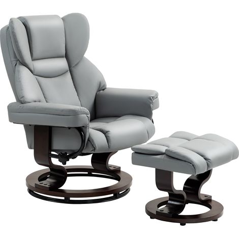 Fauteuil inclinable pivotant avec repose-pieds, dossier haut, mousse haute densité, base en bois, gris clair (1/5)