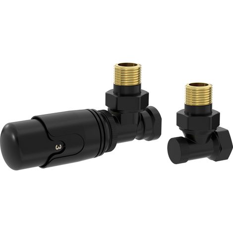 LuxeBath Thermostatventil mit Rücklaufverschraubung für Heizkörper, Schwarz, Heizkörperventil Set, Thermostatkopf 1/2" Eckform, Heizungsventil mit Frostschutzstellung, Flüssigfühler, Winkelventile