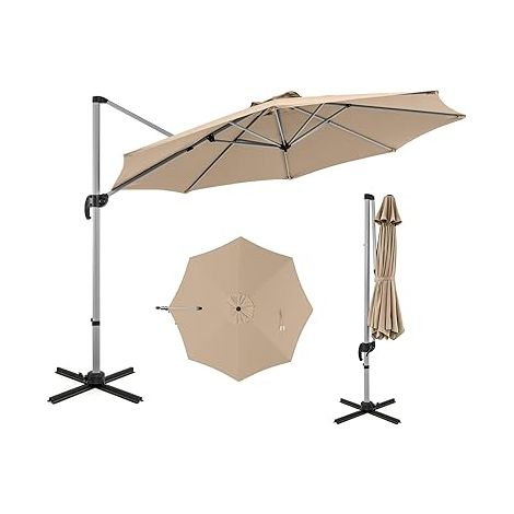 COSTWAY Parasol Déporté Φ339CM, Parasol de Jardin Rond avec Base en Croix, Parasol Inclinable avec 5 Angles et Hauteurs Réglables, Parasol Excentré Rotatif à 360° avec Manivelle et Double Toit (Beige) (1/5)