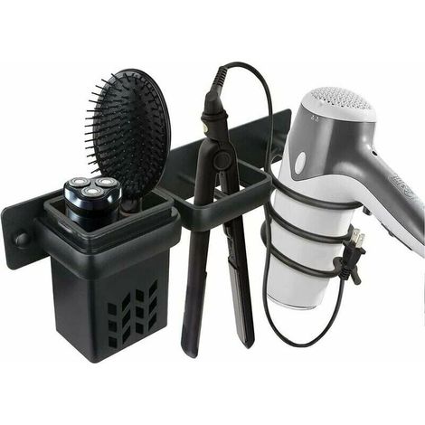 Sèche-Cheveux Salle De Bain Rangement Porte Accessoires Support Organisateur Ensemble Et Lisseur Accessoire Mural Professionnel en Aluminium pour,D'étagère avec Trous pour Argenté Noir (1/5)