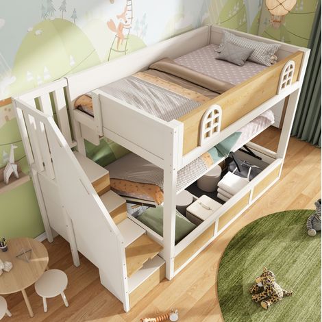 Lit adulte rangement 90x200 bois blanc escalier double HAVRYA (1/5)