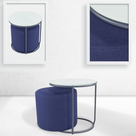Beistelltisch mit Hocker JASPER runder Couchtisch 40x40 cm Grau-Navy N4 (1/5)