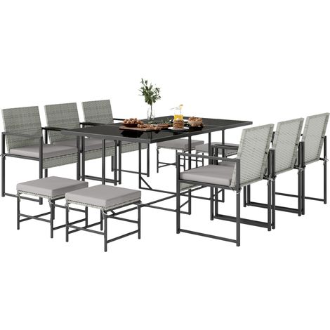 Outsunny Set da Pranzo Per Esterni 11 Pezzi Con Cuscini, Grigio Chiaro