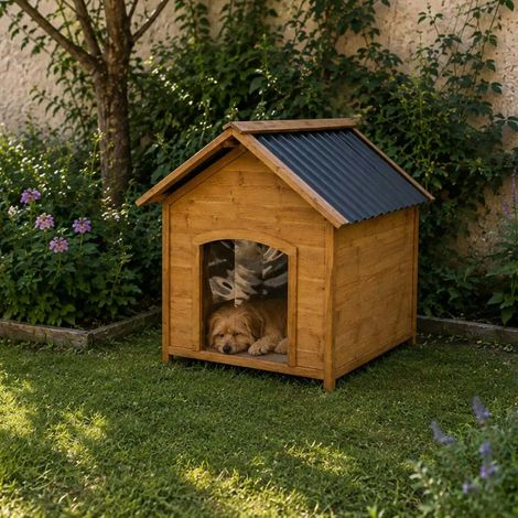 Niche en bois chalet pour chien - Taille S - Toit PVC (1/5)